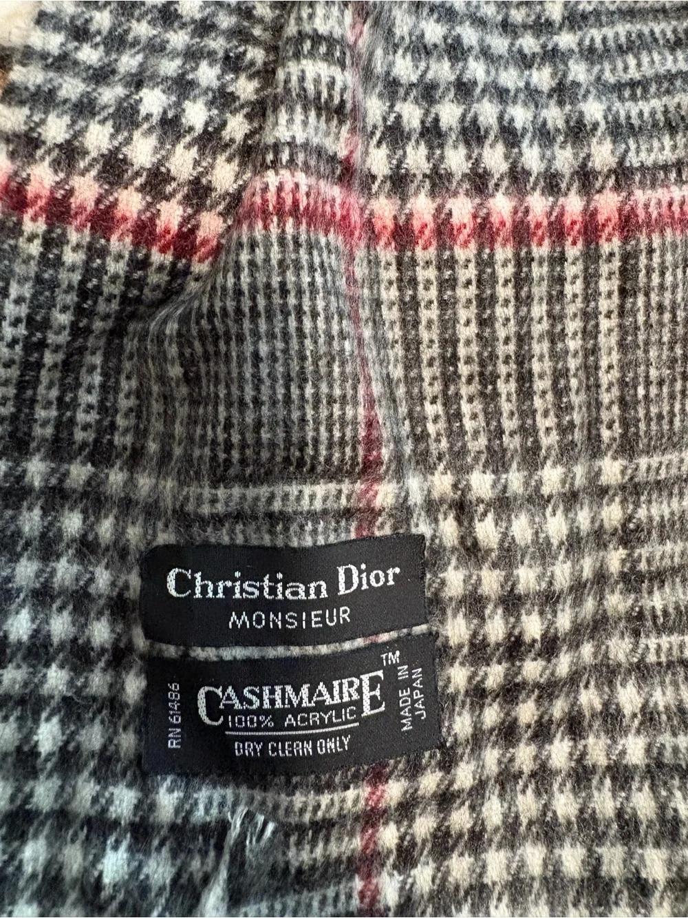 Dior Plaid Cashmere Blend Scarf in Gray with Red Stripes